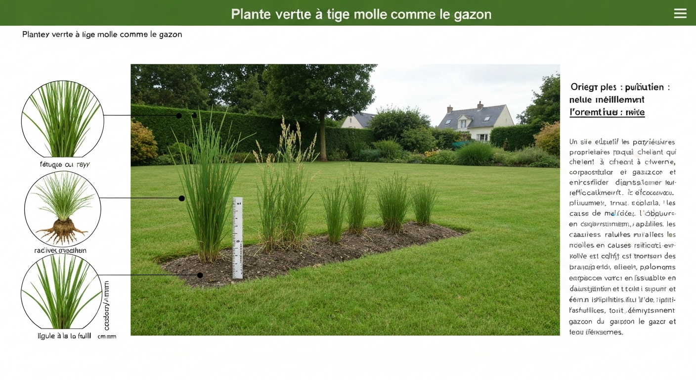 Pelouse avec une touffe de plante à tige molle mise en évidence et trois vignettes montrant la ligule, la face de la feuille et les racines pour l'identification.