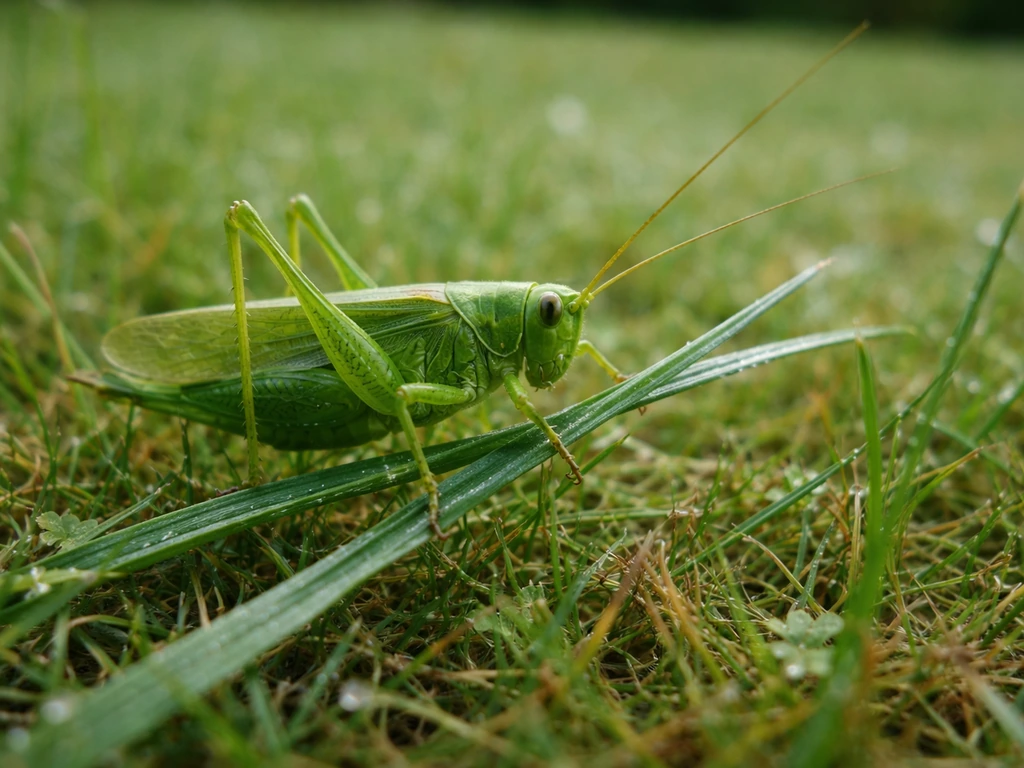 Gros plan d’une sauterelle verte sur des brins d’herbe dans une pelouse française, lumière naturelle.