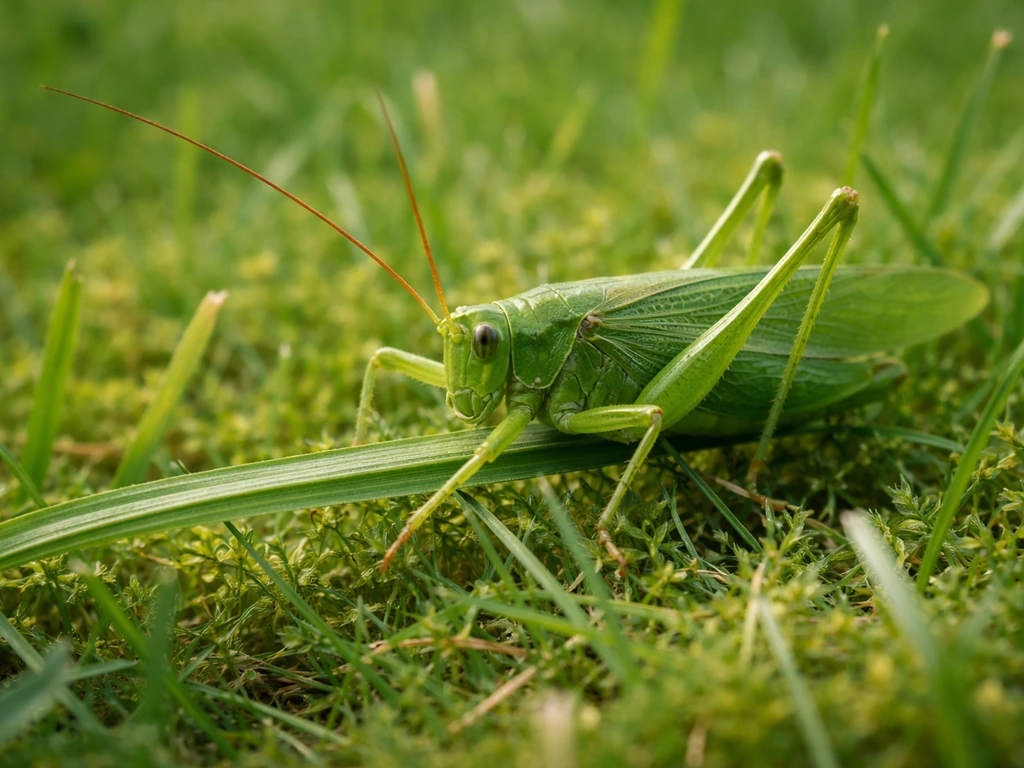 Grande sauterelle verte bien visible sur l’herbe, longues antennes et vert vif, arrière-plan flou.