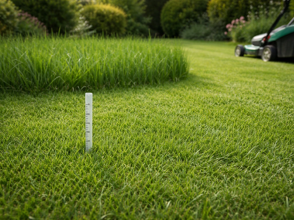 Gazon tondu à hauteur maîtrisée (≈6–8 cm) avec repère de hauteur et herbe plus haute en arrière-plan.