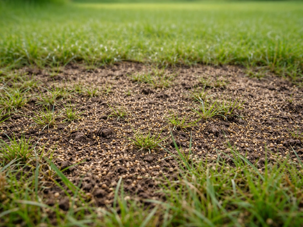 Semis de micro trèfle sur pelouse, terre légèrement griffée et graines juste après sursemis.
