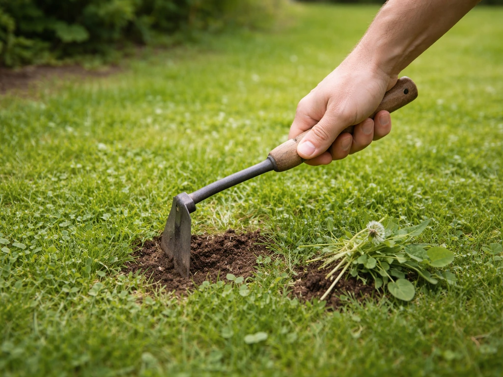 Personne utilisant une binette sur une pelouse avec micro trèfle pour enlever des mauvaises herbes