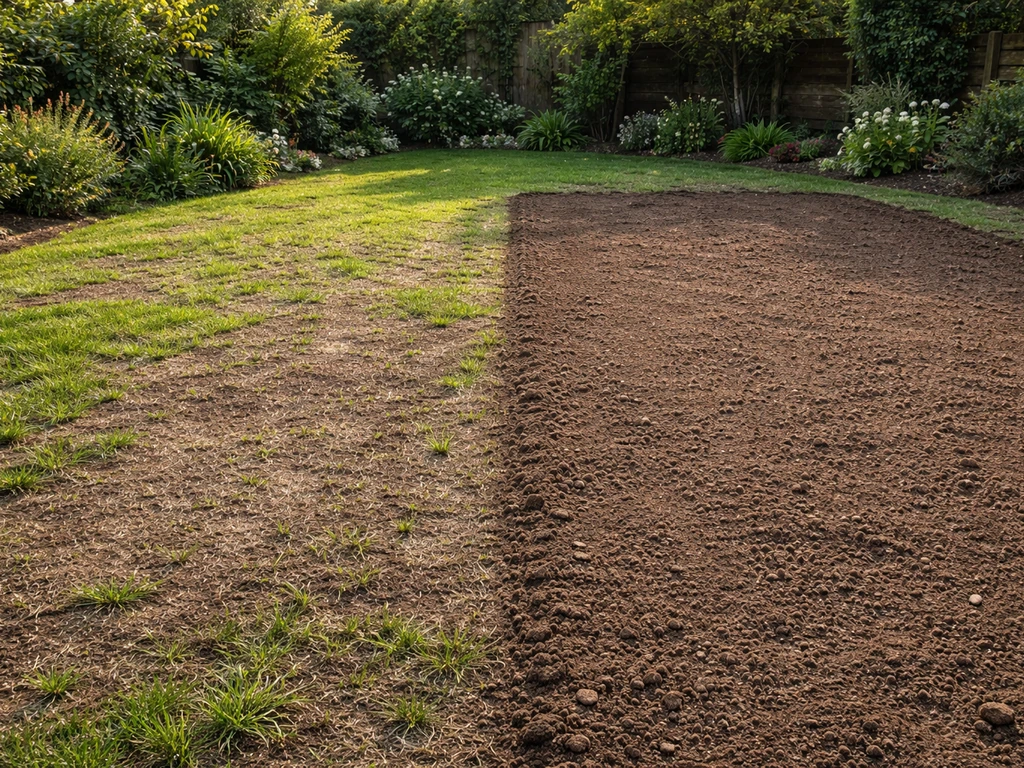 Pelouse divisée : zone à ressemer avec terre visible et graines, puis zone à nu pour créer du gazon neuf.