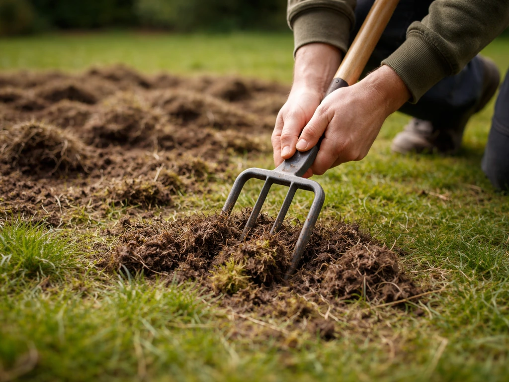 Scarificateur ou fourche-bêche qui décompacte la pelouse, laissant un sol ameubli avec petites mottes.