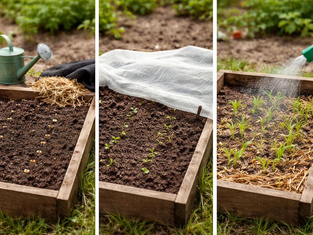 Trois mini-cas de graines et jeunes pousses en potager, avec paillage, voile de protection et arrosage en pluie fine.