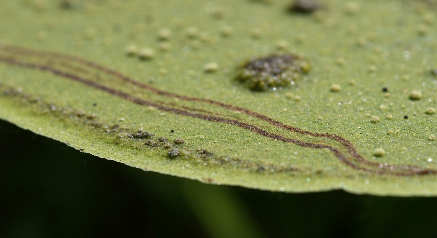 Gros plan d'un gazon avec une pellicule noirâtre/verdâtre brillante (biofilm algal) sur les brins d'herbe, vue en matinée avec rosée, jardin français en arrière-plan flou.