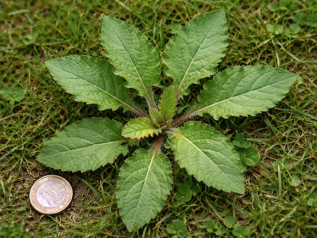 Plante dans une pelouse, vue de dessus, pièce de monnaie à côté pour l’échelle.