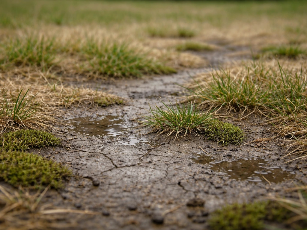 Gazon clairsemé sur sol en surface durci, traces d’humidité et mousse légère après compactage.