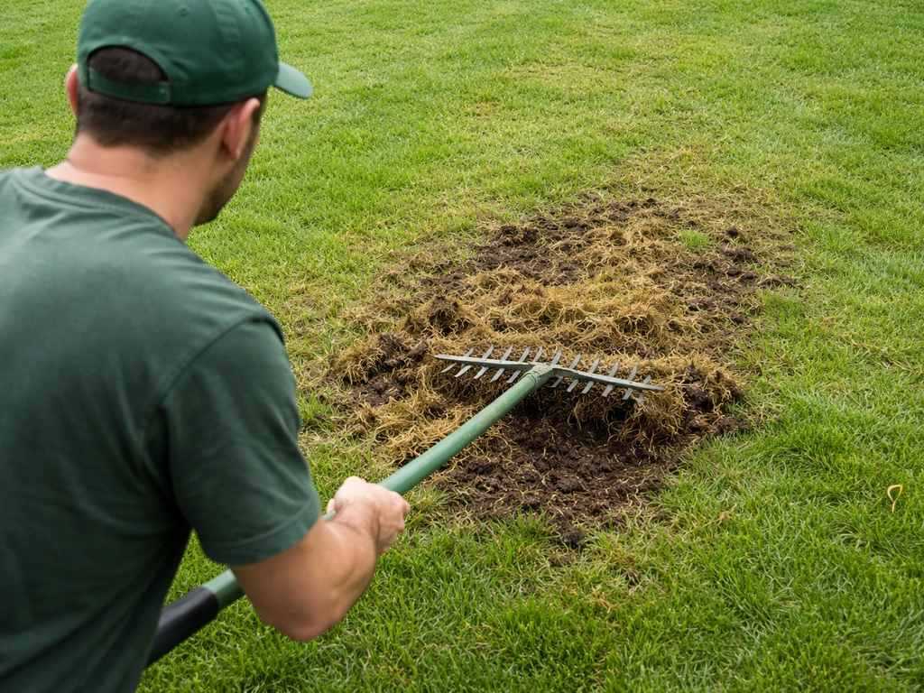 Un aérateur soulève le feutrage sur un gazon, montrant la mousse se détacher entre les brins d’herbe.