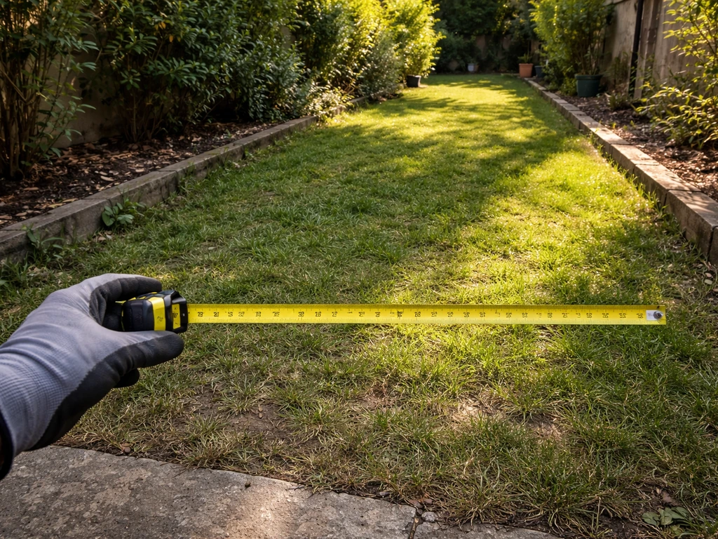 Main gantée mesurant un petit gazon avec un mètre ruban, montrant zones au soleil et à l’ombre.