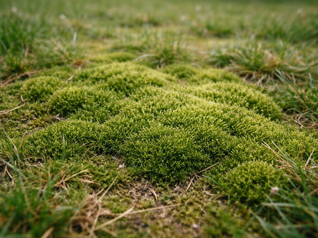Gros plan sur une pelouse où la mousse forme un tapis vert dense sur une zone affaiblie