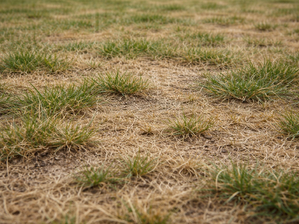 Petite pelouse jaunie et clairsemée, avec touffes vert pâle encore vivantes et terre visible.