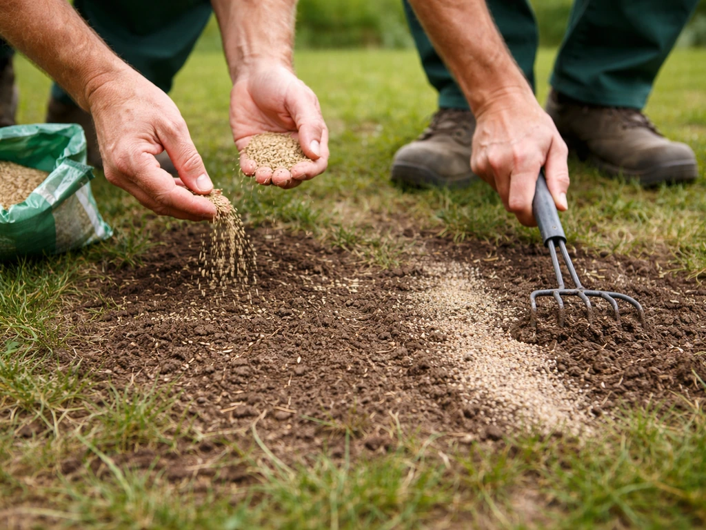 Mains appliquant des semences et du terreau/sable sur une pelouse clairsemée, après scarification/aération