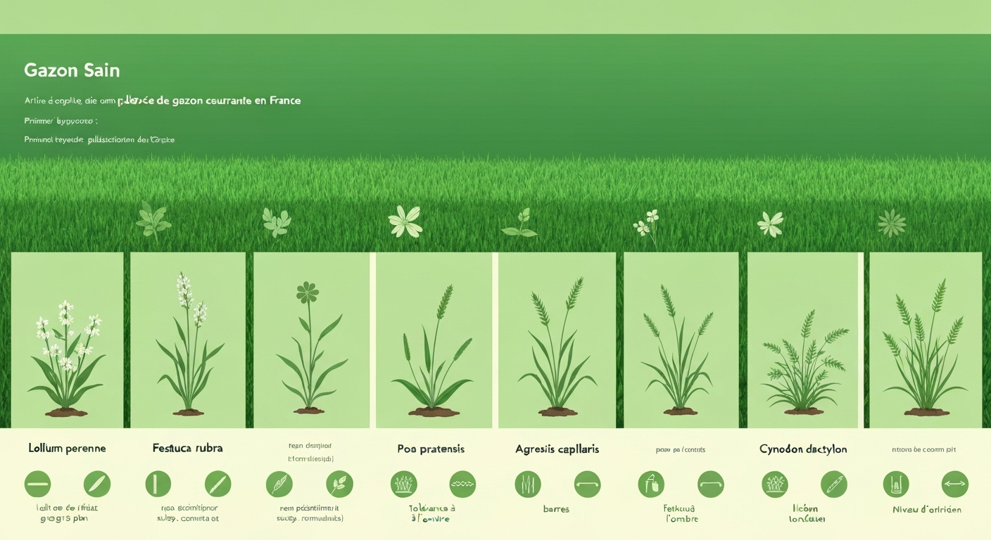 Infographie d'une pelouse divisée en cinq zones, chaque zone montrant une espèce (Lolium perenne, Festuca rubra, Poa pratensis, Agrostis capillaris, Cynodon dactylon) avec feuille, épi et icônes de tolérance