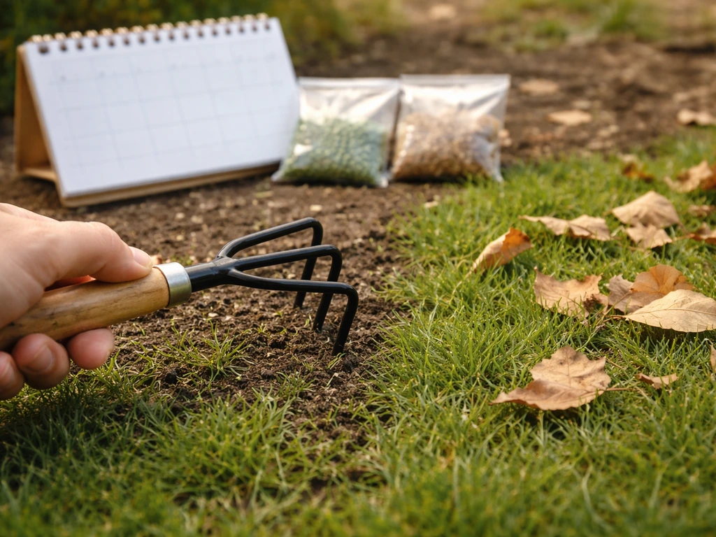 Calendrier de saison du jardin flou, feuilles de gazon vertes et gestes d’entretien sans texte ni graphiques