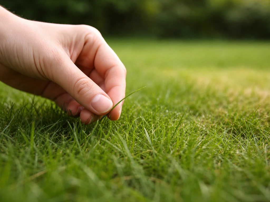 Gros plan : une main soulève un brin d’herbe sur la pelouse pour tester la pression du sol.