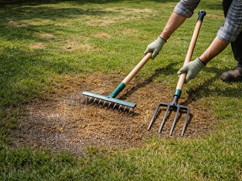 Outils de scarification posés près d’un gazon jaunissant avec des ronds de sorcière qui s’étendent.