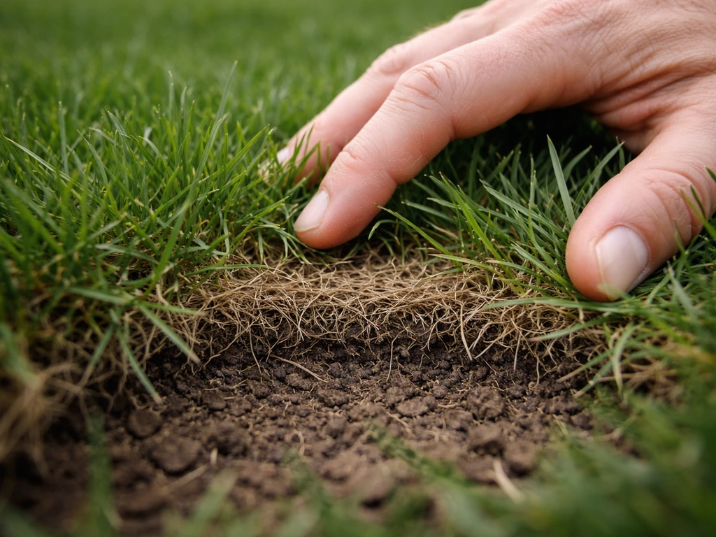 Main écarpant l’herbe au ras du sol pour vérifier une couche fibreuse beige entre la terre et les brins.