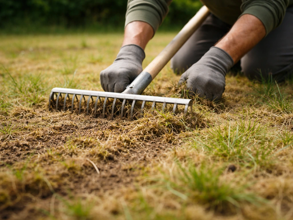Jardinier anonyme utilisant un râteau scarificateur manuel sur une pelouse très feutrée, avant traitement.