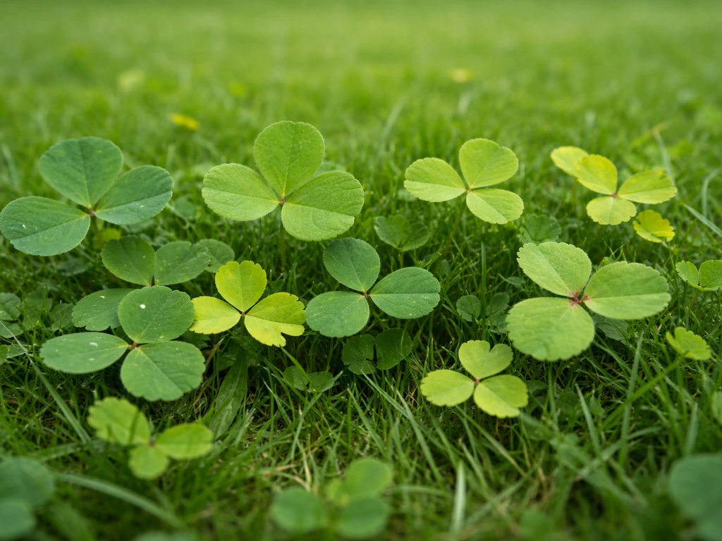 Gros plan de feuilles trifoliées sur une pelouse, montrant que “trèfle jaune” regroupe plusieurs plantes à identifier.