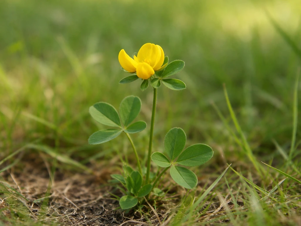 Gros plan sur un lotier corniculé : fleur jaune et feuilles trifoliées rappelant un trèfle.