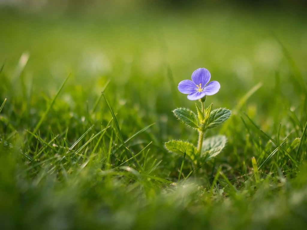 Gros plan d’une fleur bleue dans le gazon, feuilles et tige visibles, prise au ras du sol.