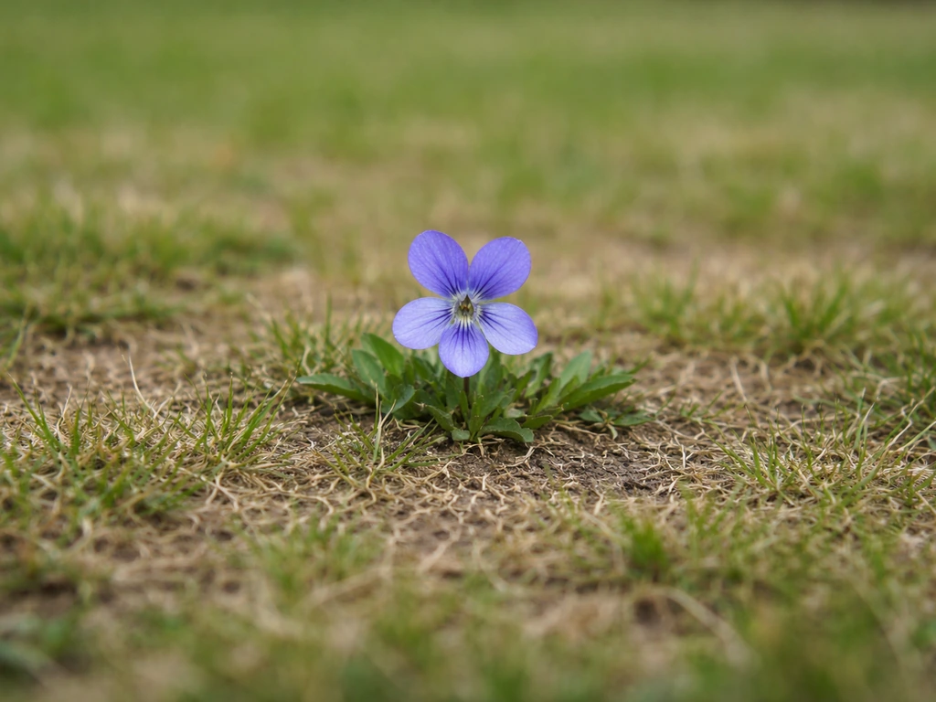 Gazon clairsemé après tonte trop basse avec une petite fleur bleue au centre.