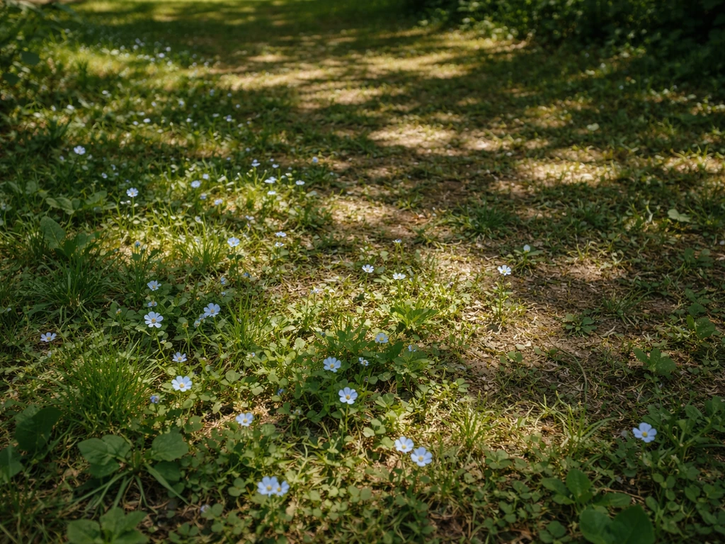 Pelouse ombragée sous des arbres avec petites fleurs bleues éparses et feuillage projetant une ombre nette.