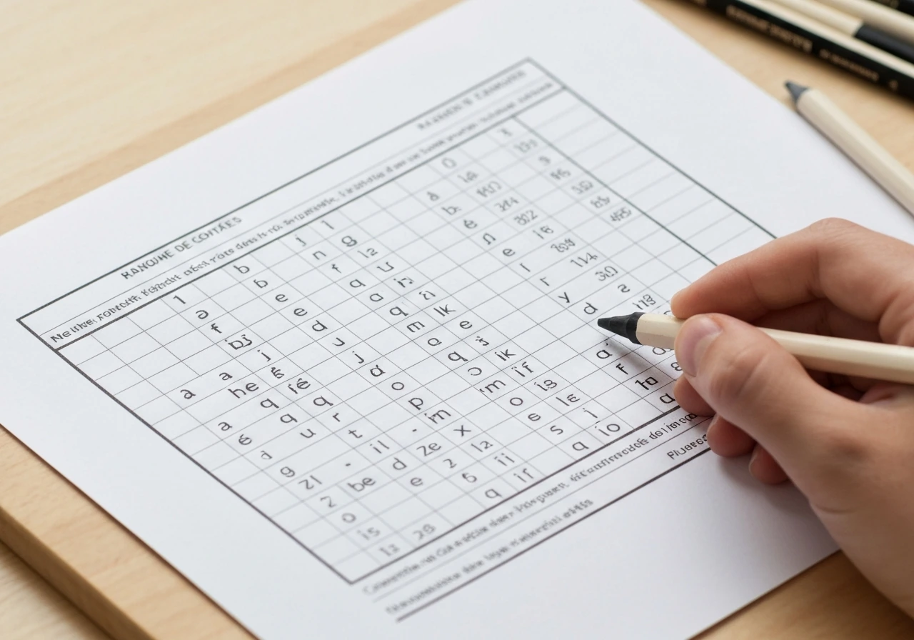 Gros plan d’une grille de mots croisés avec 7 cases surlignées pour illustrer un indice de 7 lettres.