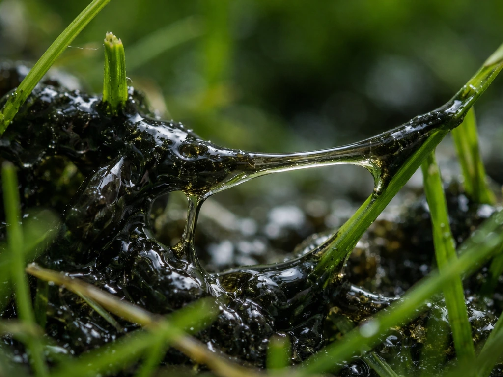 Macro d’un mucilage noir/vert foncé visqueux collé aux brins d’herbe sur une pelouse humide.