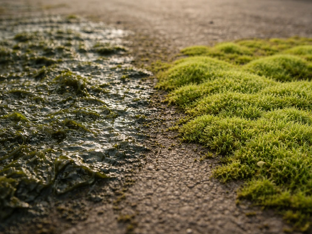 Deux textures au sol côte à côte : algues vertes visqueuses et mousse duveteuse.