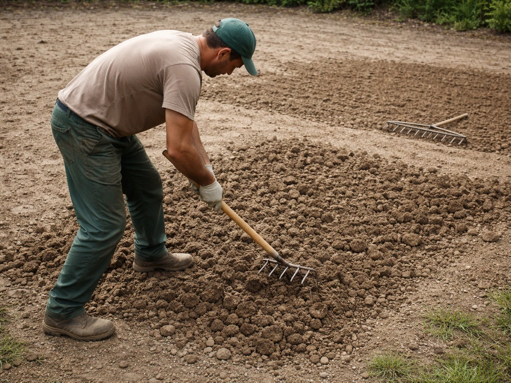 Travail du sol dans un jardin : griffe/cultivateur puis nivellement au râteau avant semis