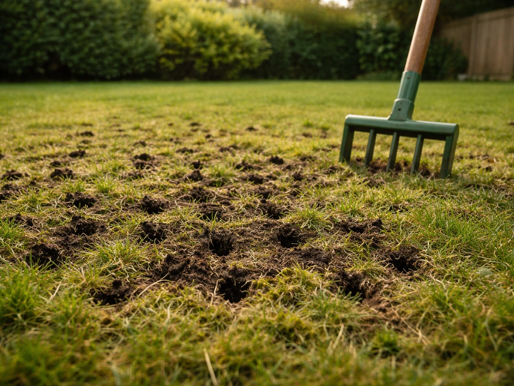 Pelouse aérée : trous de scarificateur/aérateur visibles et sol mieux structuré, sans personne.