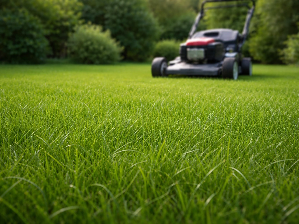 Jeune gazon fraîchement installé, tondeuse réglée haut en arrière-plan, sol bien irrigué sans flaques.