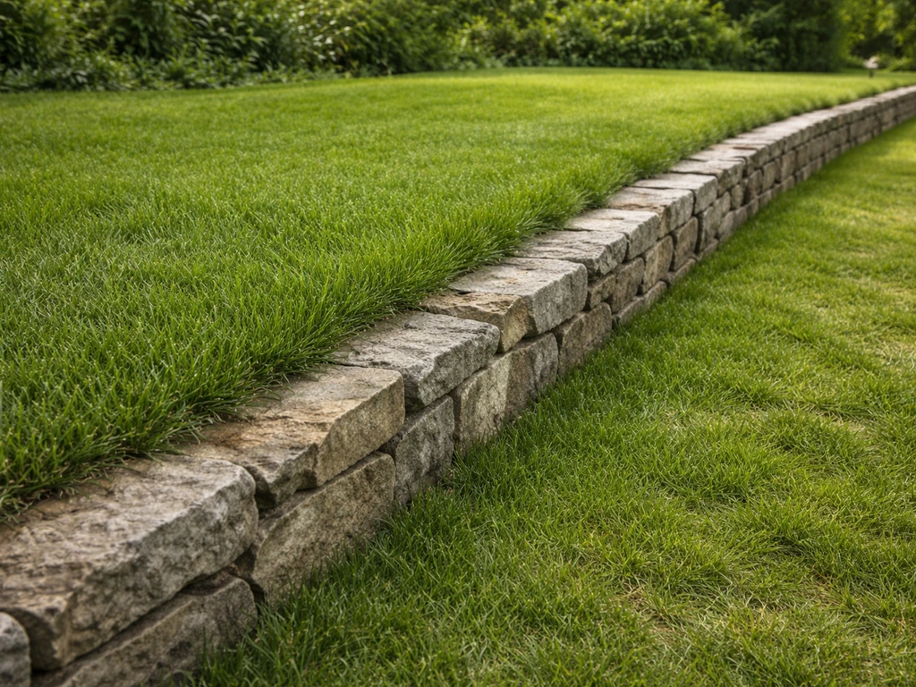 Bordure de jardin avec muret : gazon qui forme une “élévation progressive” le long de la limite.