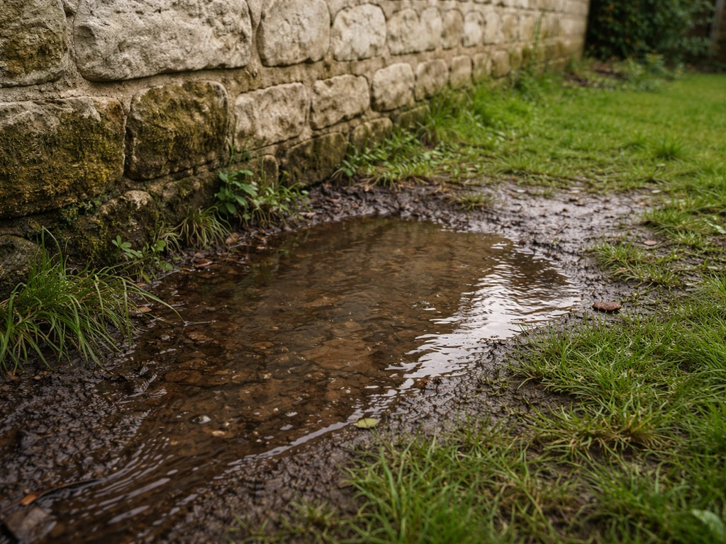 Flaque stagnante au pied d’un mur, sol gorgé d’eau après la pluie, légère pente visible vers l’écoulement.