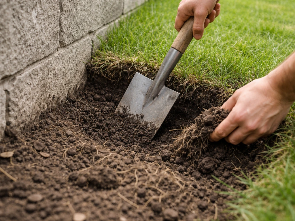Personne en jardin utilisant une bêche plate pour décaisser et enlever terre et chaume près d’un mur de gazon.