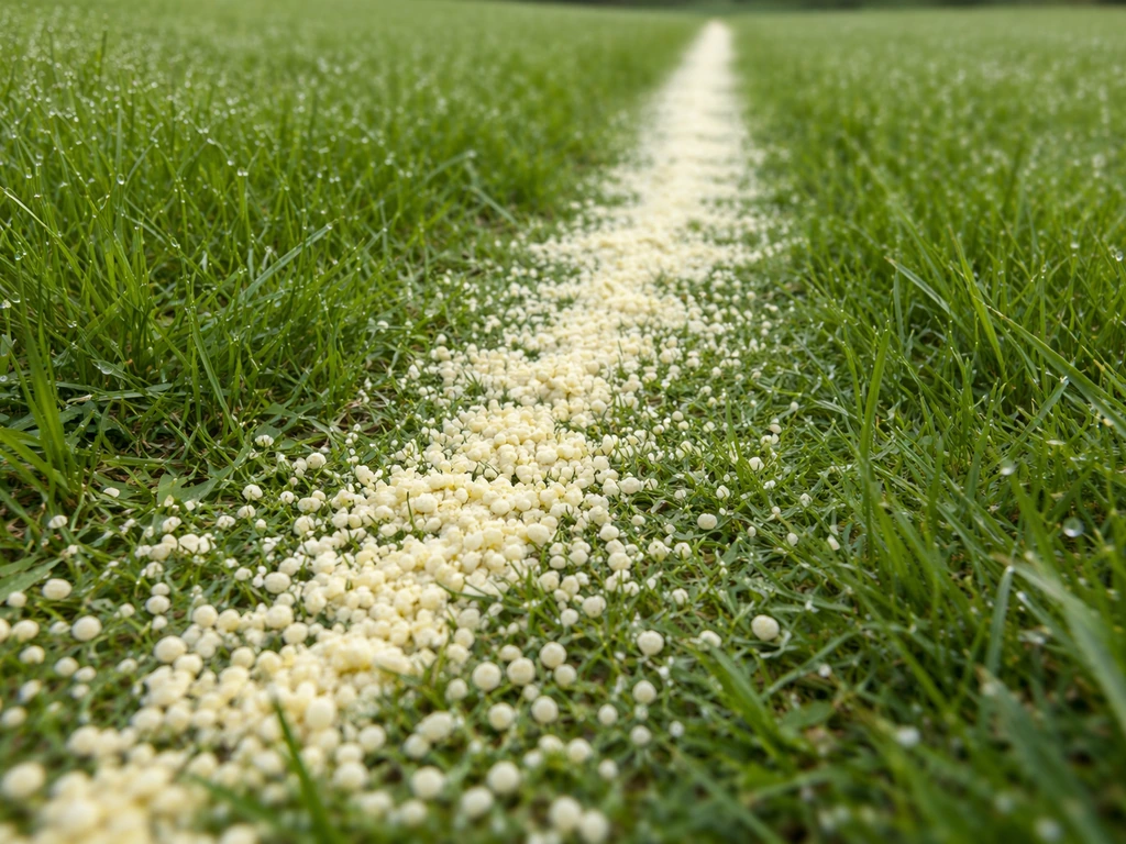 Épandage de granulés de soufre sur une pelouse verte, vu de près, avec une traînée nette le long d’un passage.