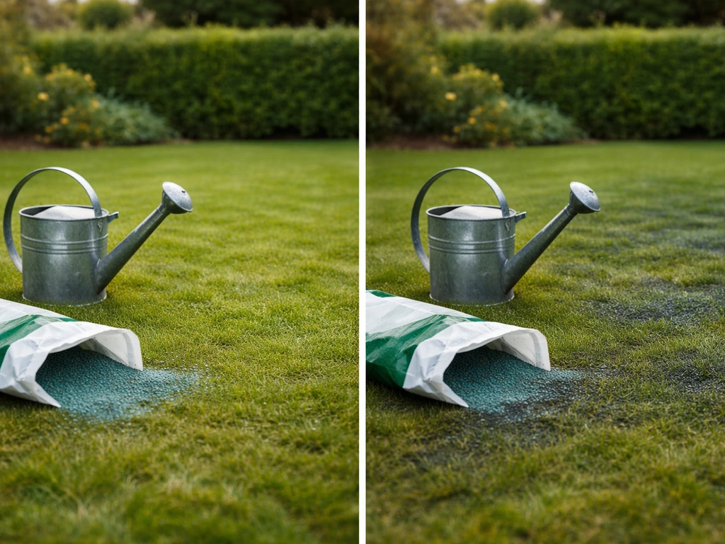 Pelouse de jardin avant/après, arrosoir et granulés au sol, arrosage juste après l’épandage.