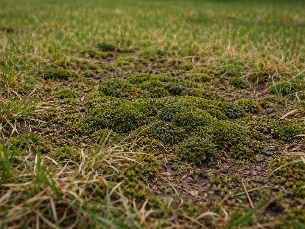 Feutrage vert de mousse envahissante sur une pelouse au ras du sol, sol humide entre les brins d’herbe.