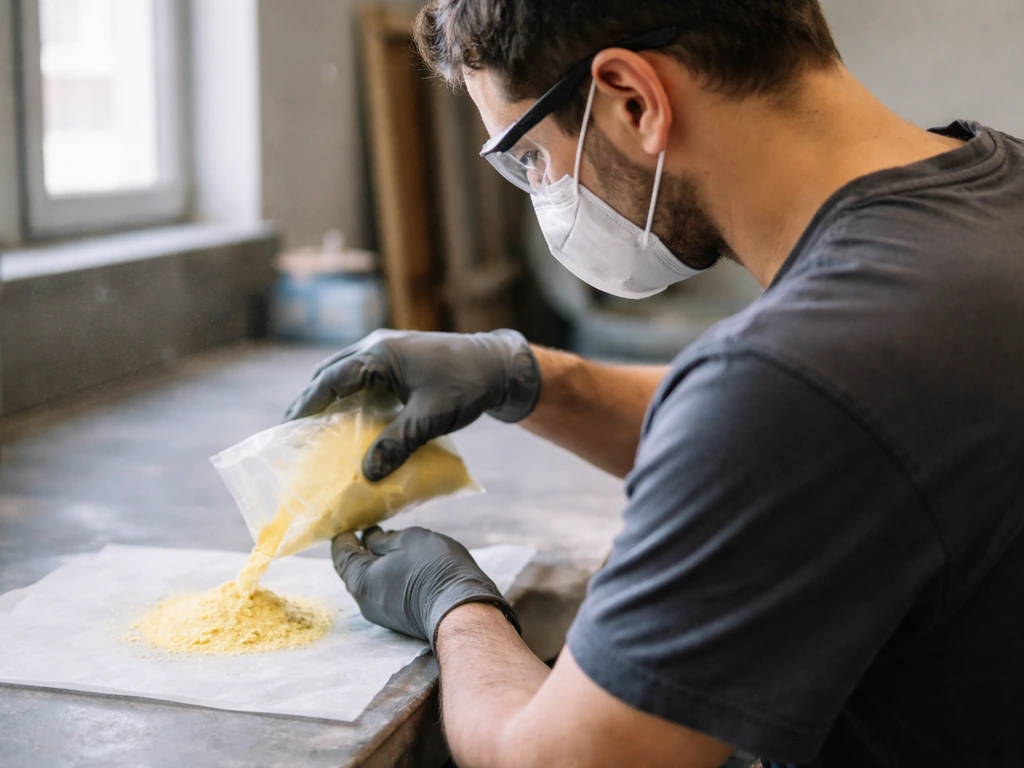 Personne portant gants, lunettes et masque pour manipuler du soufre en poudre en toute sécurité