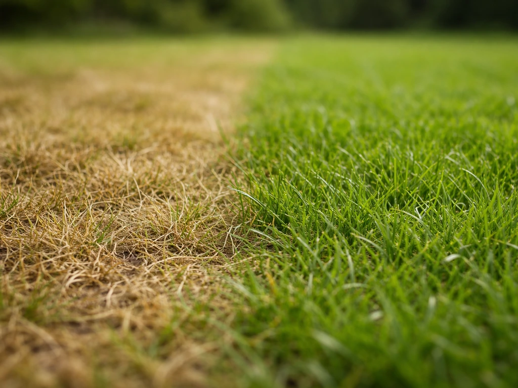 Gazon avec deux zones contrastées : herbe brûlée jaune-brun et zone verte saine, en arrière-plan flou.