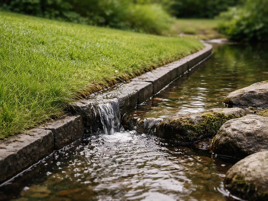 Pelouse arrosée avec ruissellement vers un caniveau puis un petit point d’eau, illustrant le risque environnemental.
