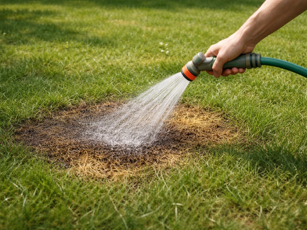 Main arrosant abondamment une zone de gazon brûlée, sol humide et herbe clairsemée