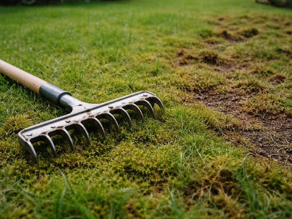 Gazon avec mousse bien visible et traces de scarification, un outil de jardin posé près de la pelouse.