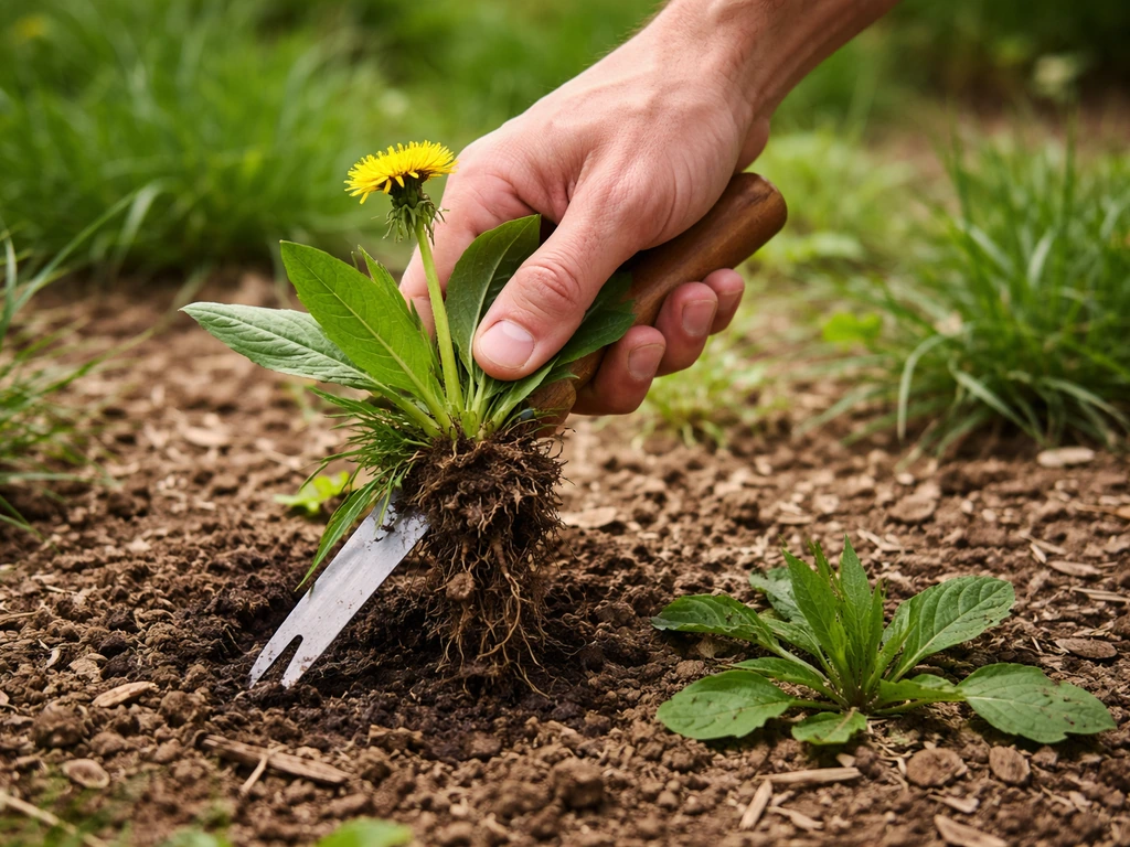 Main qui désherbe un pissenlit et un plantain avec un couteau désherbeur, terre soulevée au jardin.