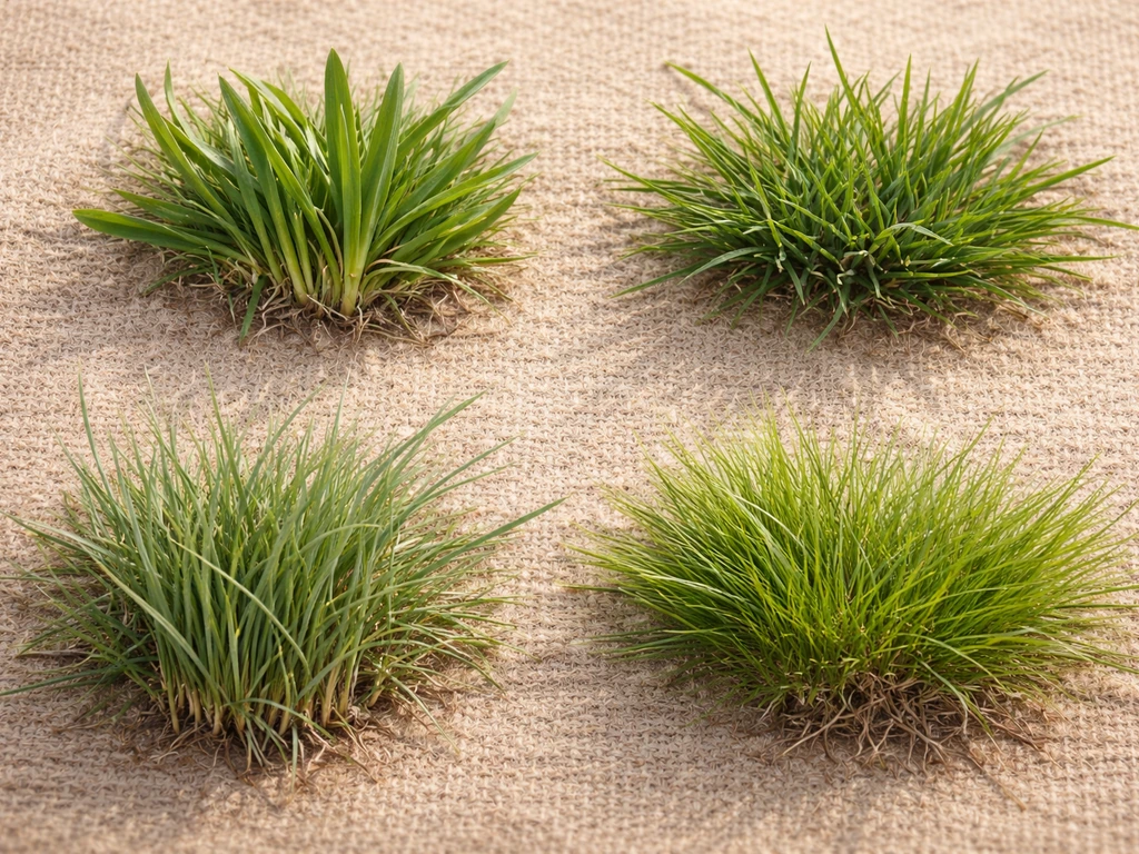 Assortiment de brins de graminées de pelouse (ray-grass, fétuques, pâturin, agrostide) sur fond neutre