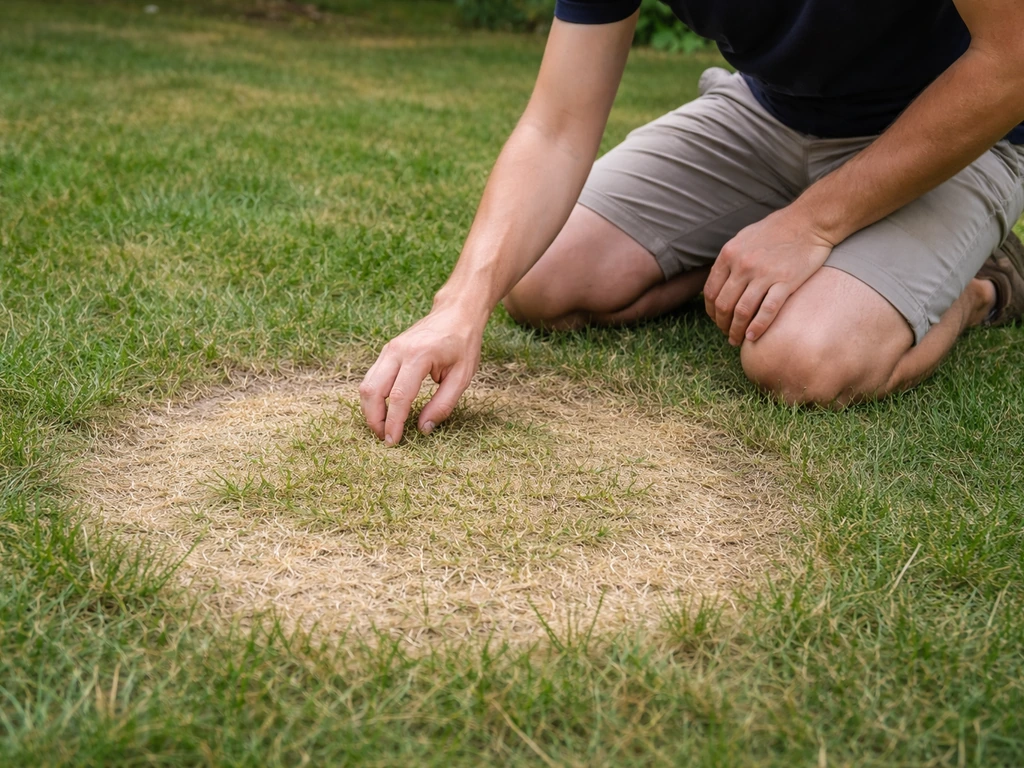 Une personne agenouillée inspecte une zone de pelouse suspecte en observant et touchant l’herbe.