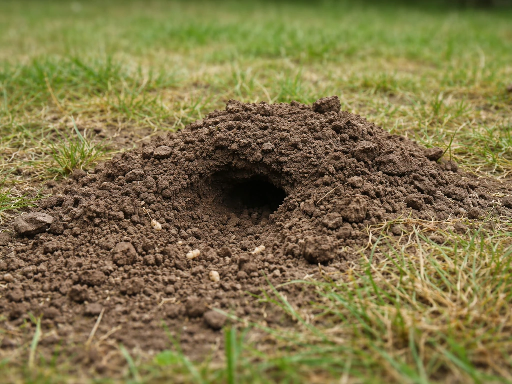 Petite zone de pelouse soulevée par un terrier, sol friable et indices de larves visibles dans le substrat