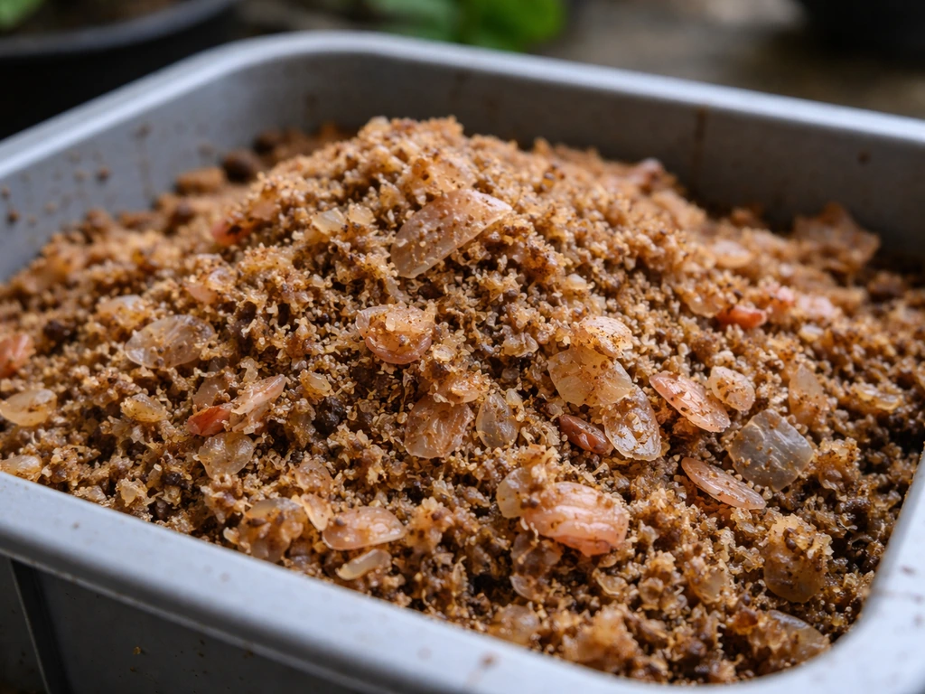 Plan rapproché de carapaces de crevettes broyées et d’un compost en préparation, matière organique visible.